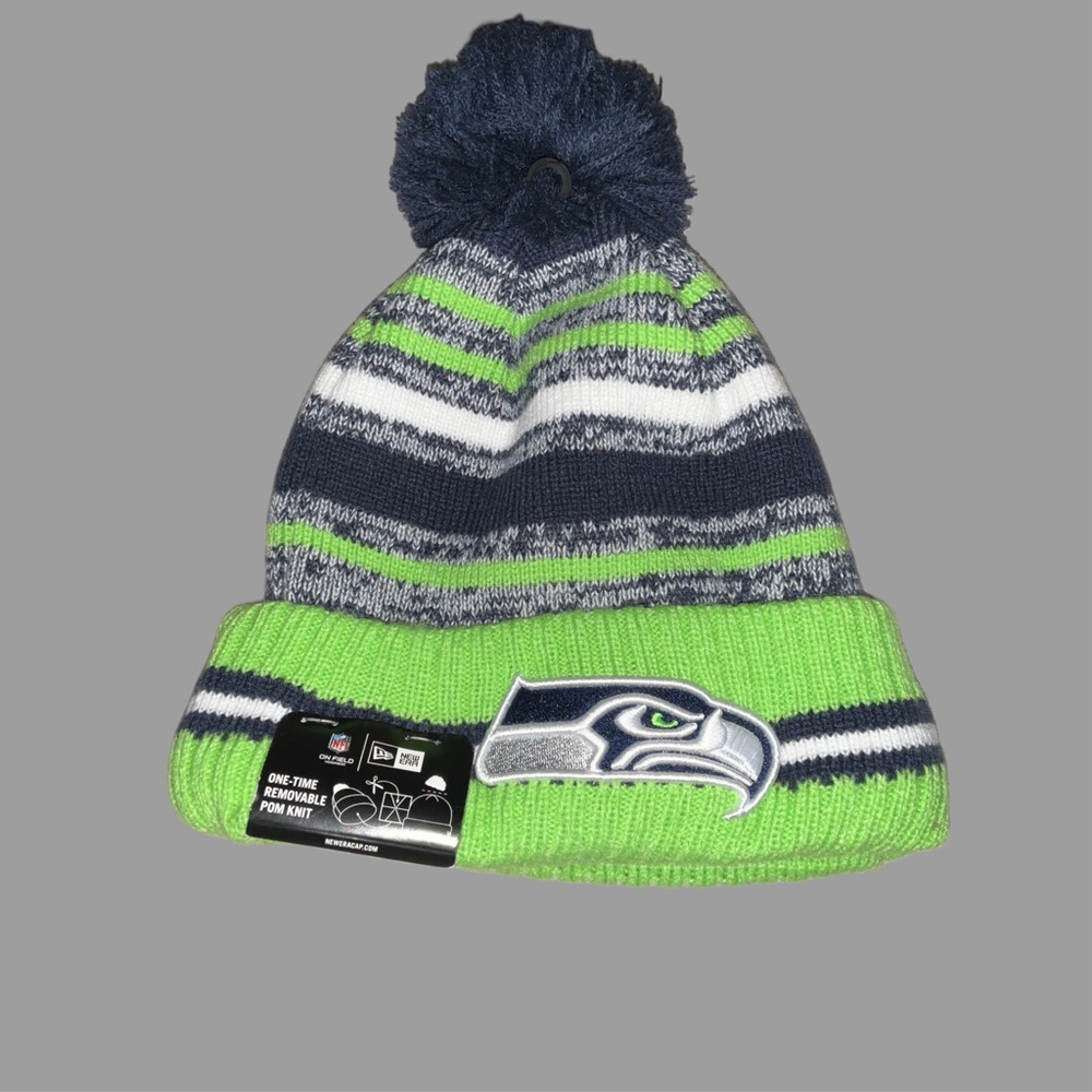 Seattle Seahawks NFL New Era Blue, White & Lime Green Beanie with removable Pom